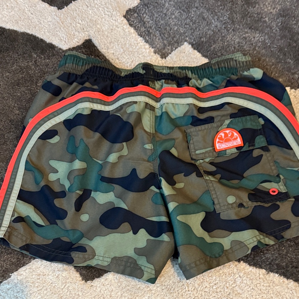 Sundek Green Camouflage Swim Shorts with Orange Accents